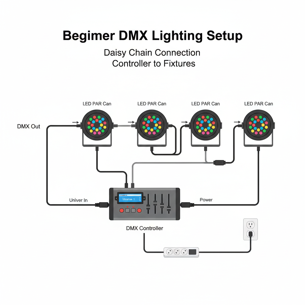 DMX lighting setup for beginners showing controller, lights, and cable connections